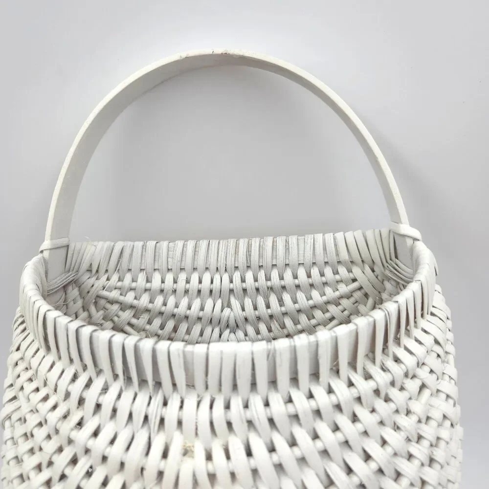Lg Vintage White Wicker Woven Wall Basket 16